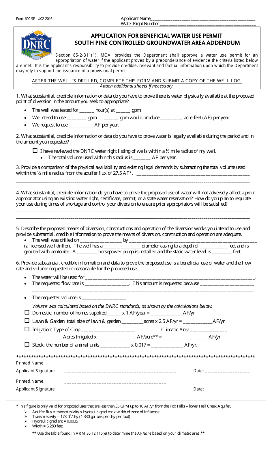 Form 600 SP Application for Beneficial Water Use Permit - South Pine Controlled Groundwater Area Addendum - Montana, Page 1