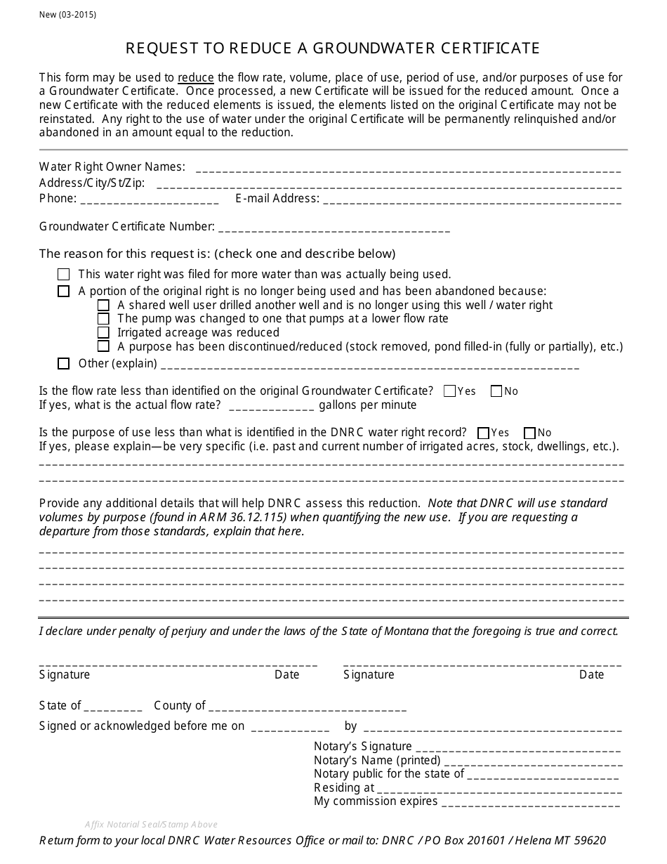 Montana Request to Reduce a Groundwater Certificate - Fill Out, Sign ...