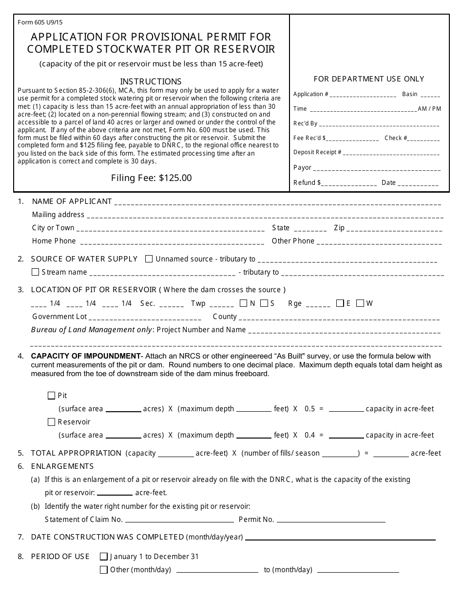 Form 605 Application for Provisional Permit for Completed Stockwater Pit or Reservoir - Montana, Page 1