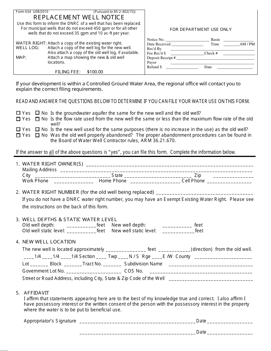 Form 634 Replacement Well Notice - Montana, Page 1