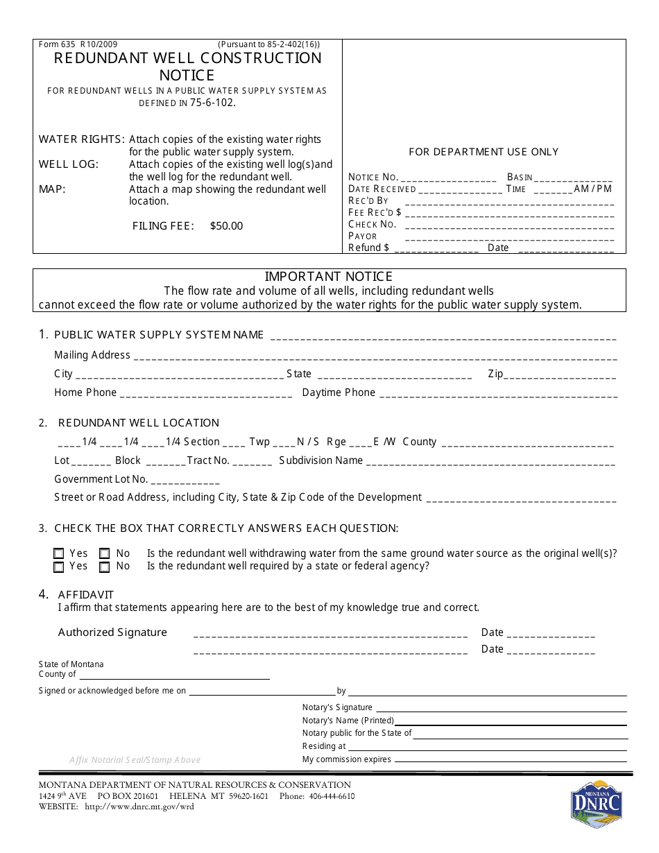 Form 635 Redundant Well Construction Notice - Montana, Page 1