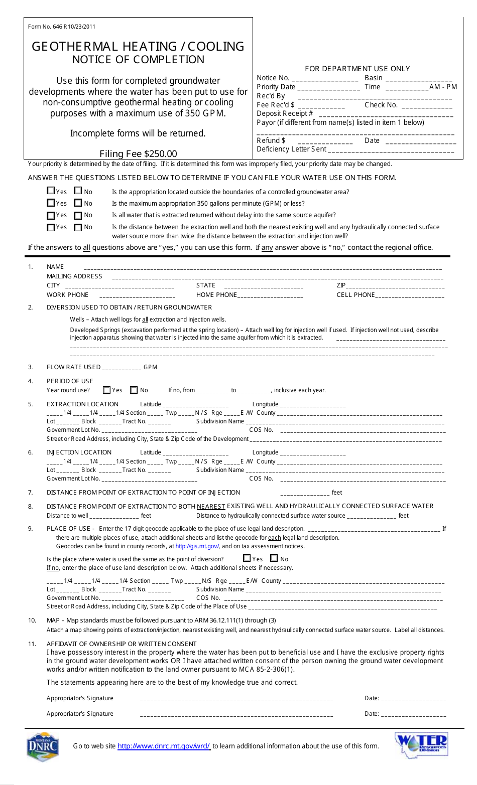 Form 646 Geothermal Heating / Cooling Notice of Completion - Montana, Page 1