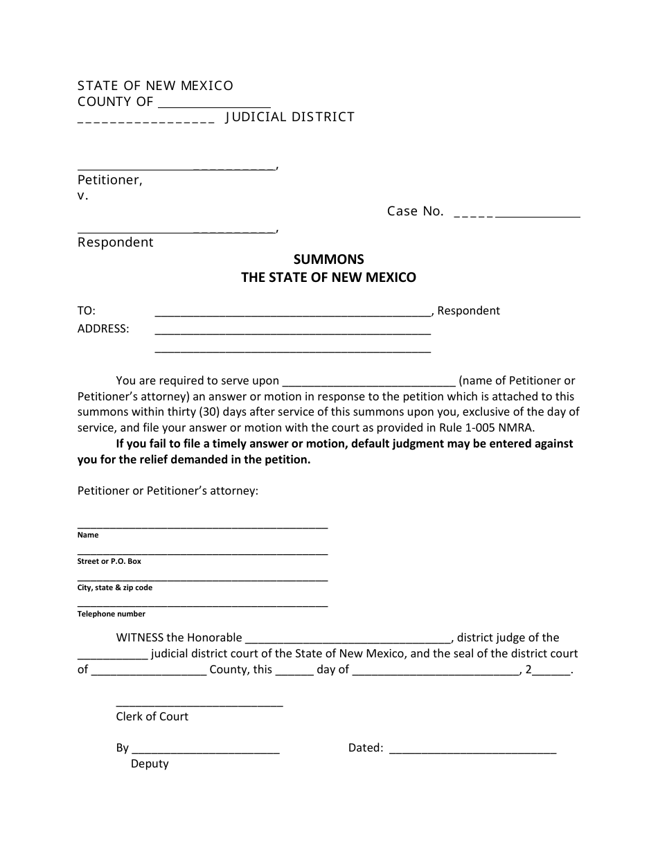 Summons and Return of Service Form - New Mexico, Page 1