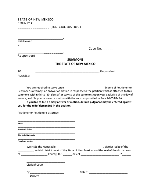 Summons and Return of Service Form - New Mexico