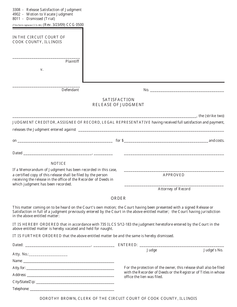 Form 0500 Satisfaction Release of Judgement - Cook County, Illinois, Page 1