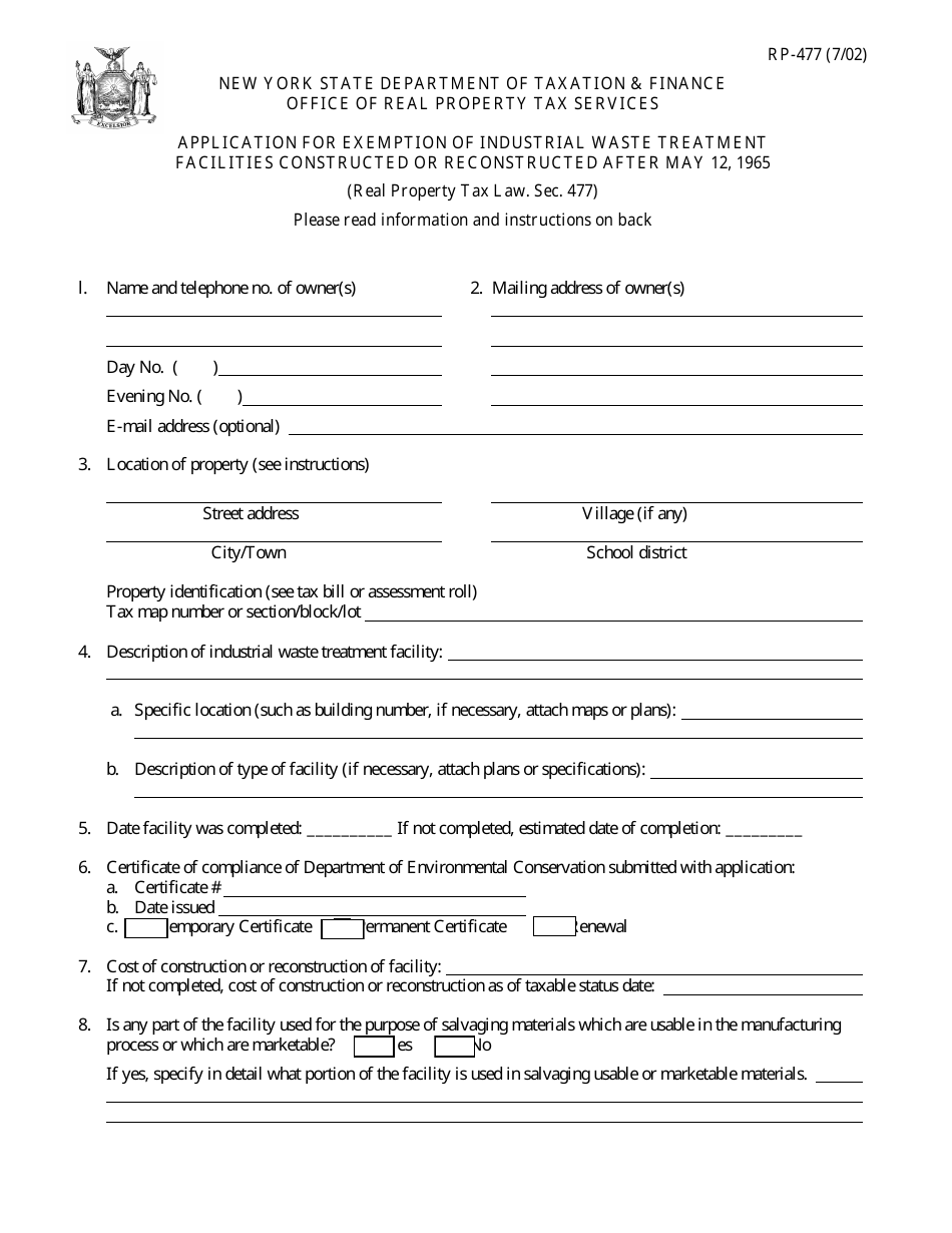 Form RP-477 Application for Exemption of Industrial Waste Treatment Facilities Constructed or Reconstructed After May 12, 1965 - New York, Page 1