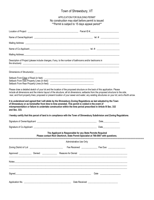 Application for Building Permit - Town of Shrewsbury, Vermont Download Pdf