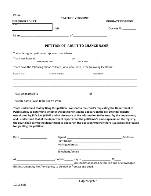 Form PC122 Petition of Adult to Change Name - Vermont