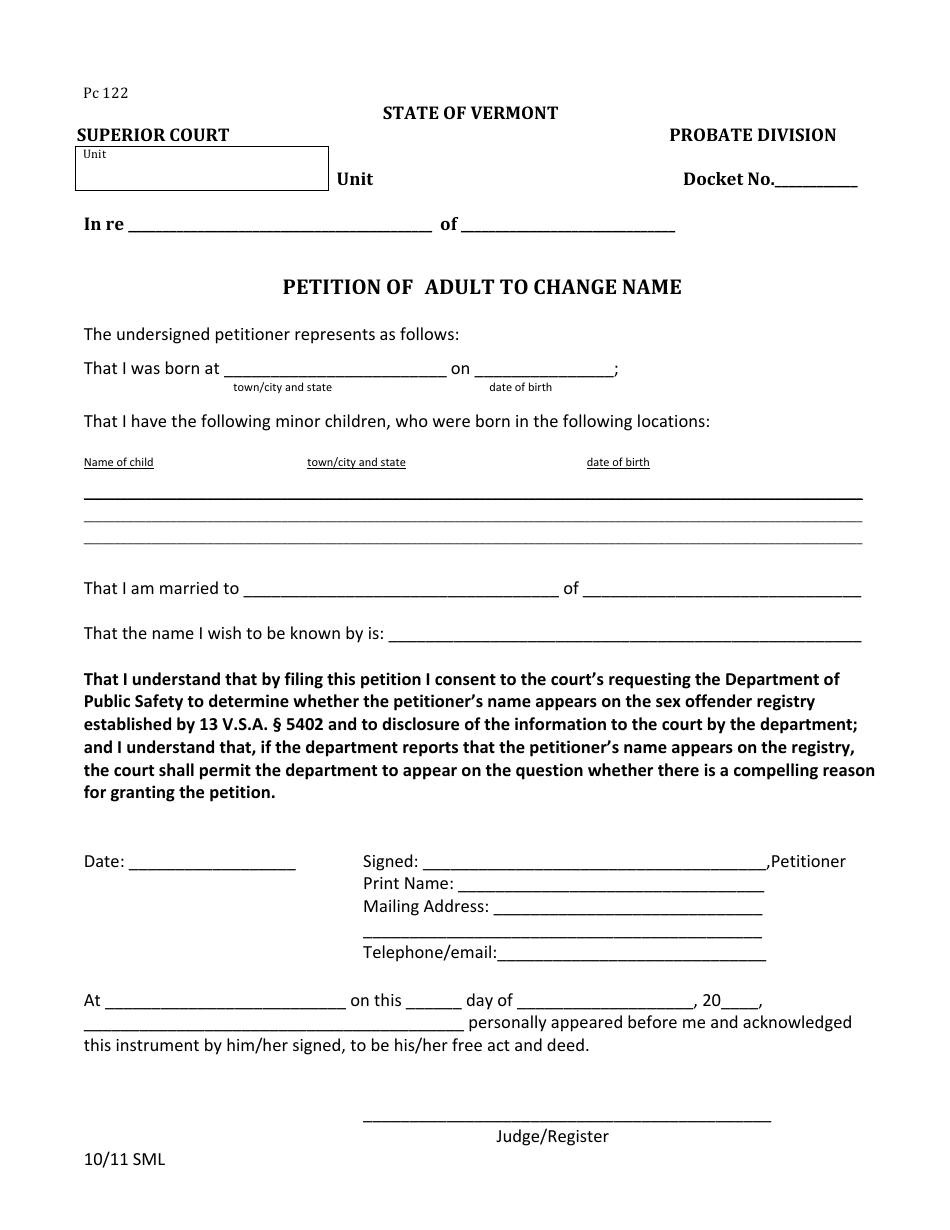 Form PC122 - Fill Out, Sign Online and Download Fillable PDF, Vermont ...