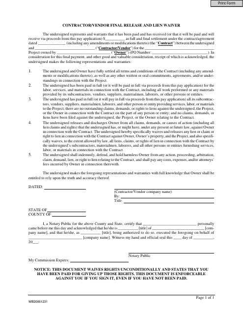 Contractor / Vendor Final Release and Lien Waiver Form Download Pdf