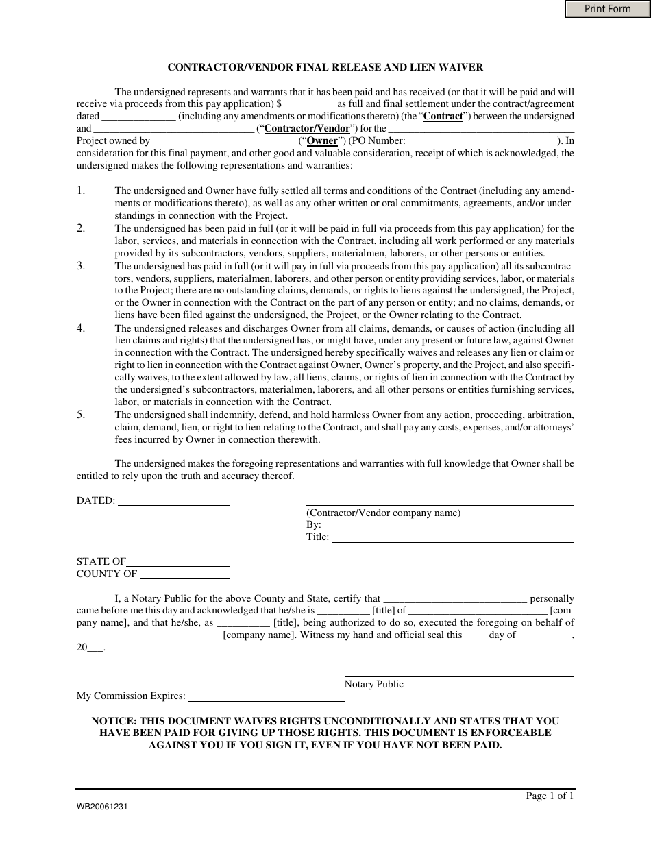 Contractor / Vendor Final Release and Lien Waiver Form, Page 1