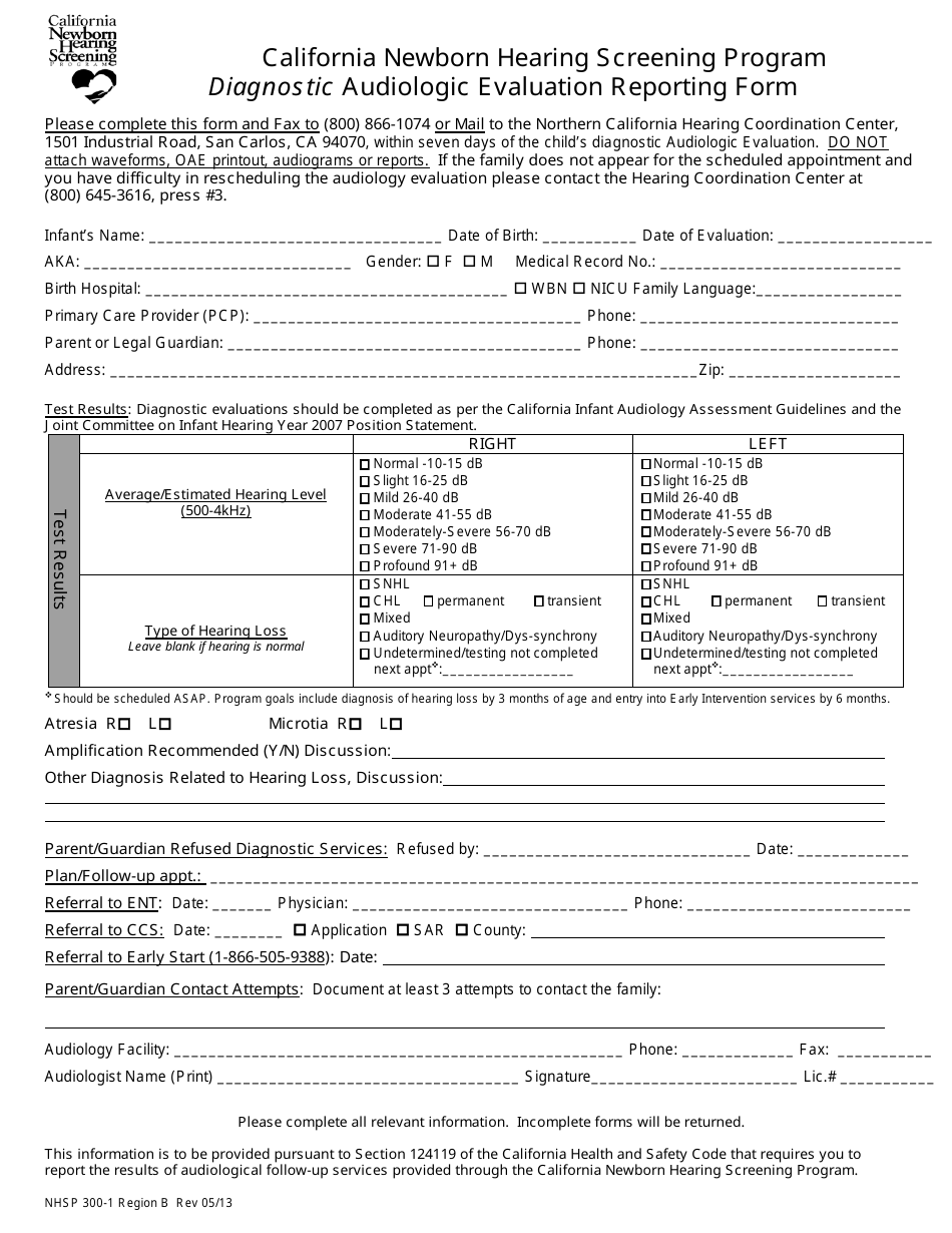 Form NHSP300-1 Region B California Newborn Hearing Screening Program Diagnostic Audiologic Evaluation Reporting Form - California, Page 1
