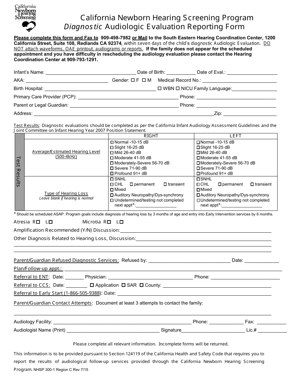 Form NHSP300-1 Region C California Newborn Hearing Screening Program Diagnostic Audiologic Evaluation Reporting Form - California, Page 1