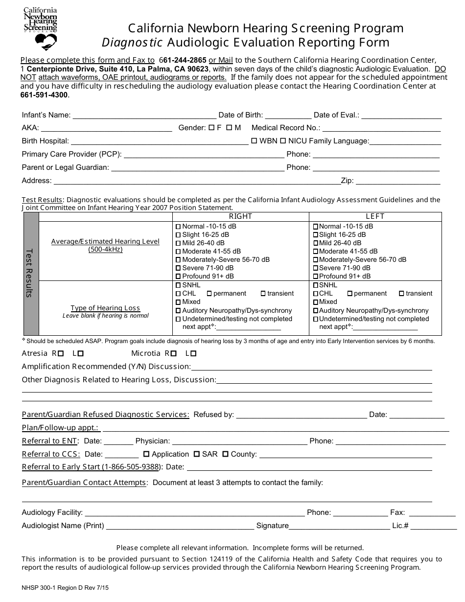 Form NHSP300-1 Region D California Newborn Hearing Screening Program Diagnostic Audiologic Evaluation Reporting Form - California, Page 1