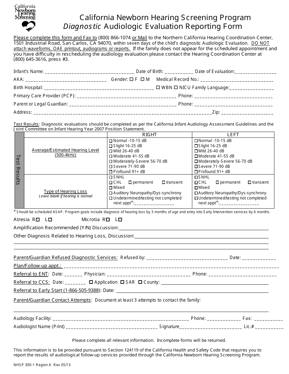 Form NHSP300-1 Region A California Newborn Hearing Screening Program Diagnostic Audiologic Evaluation Reporting Form - California, Page 1