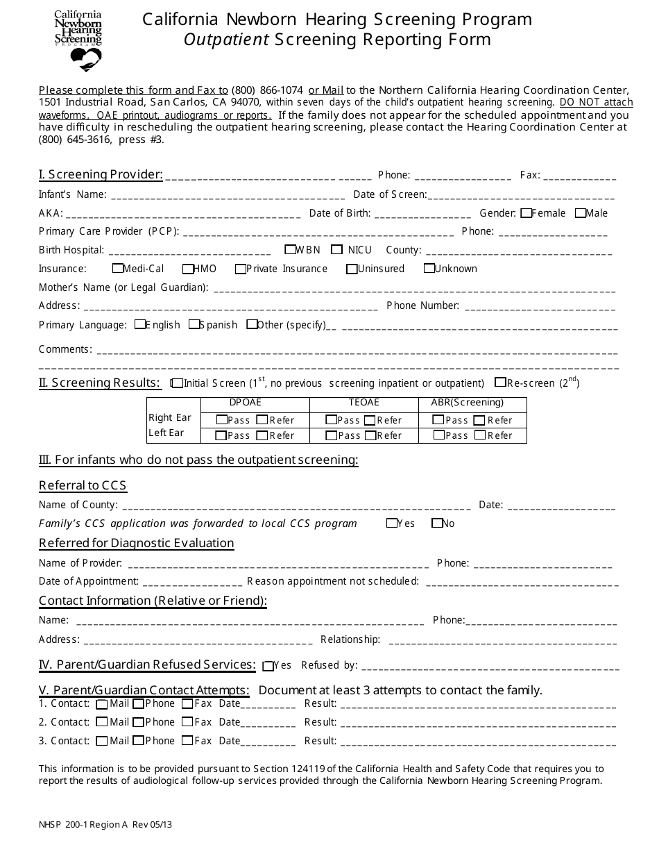 Form NHSP200-1 Region A California Newborn Hearing Screening Program Outpatient Screening Reporting Form - California, Page 1
