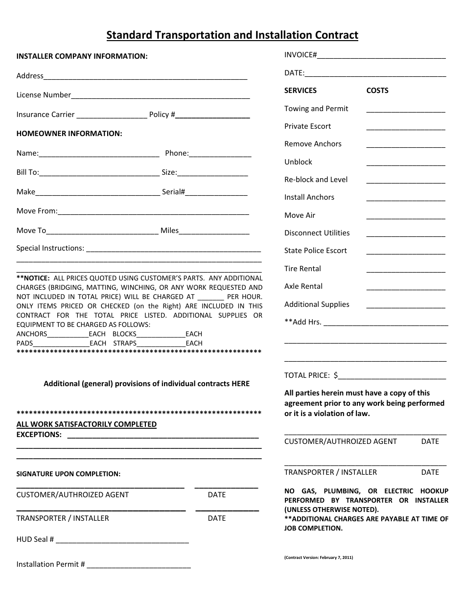 Standard Transportation and Installation Contract Form - Louisiana, Page 1