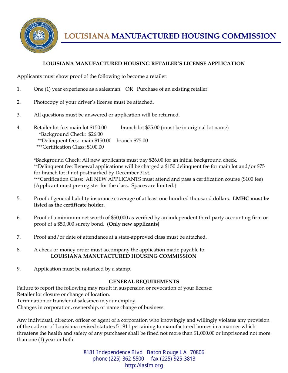 Louisiana Manufacturered Retailers License Application Form - Louisiana, Page 1