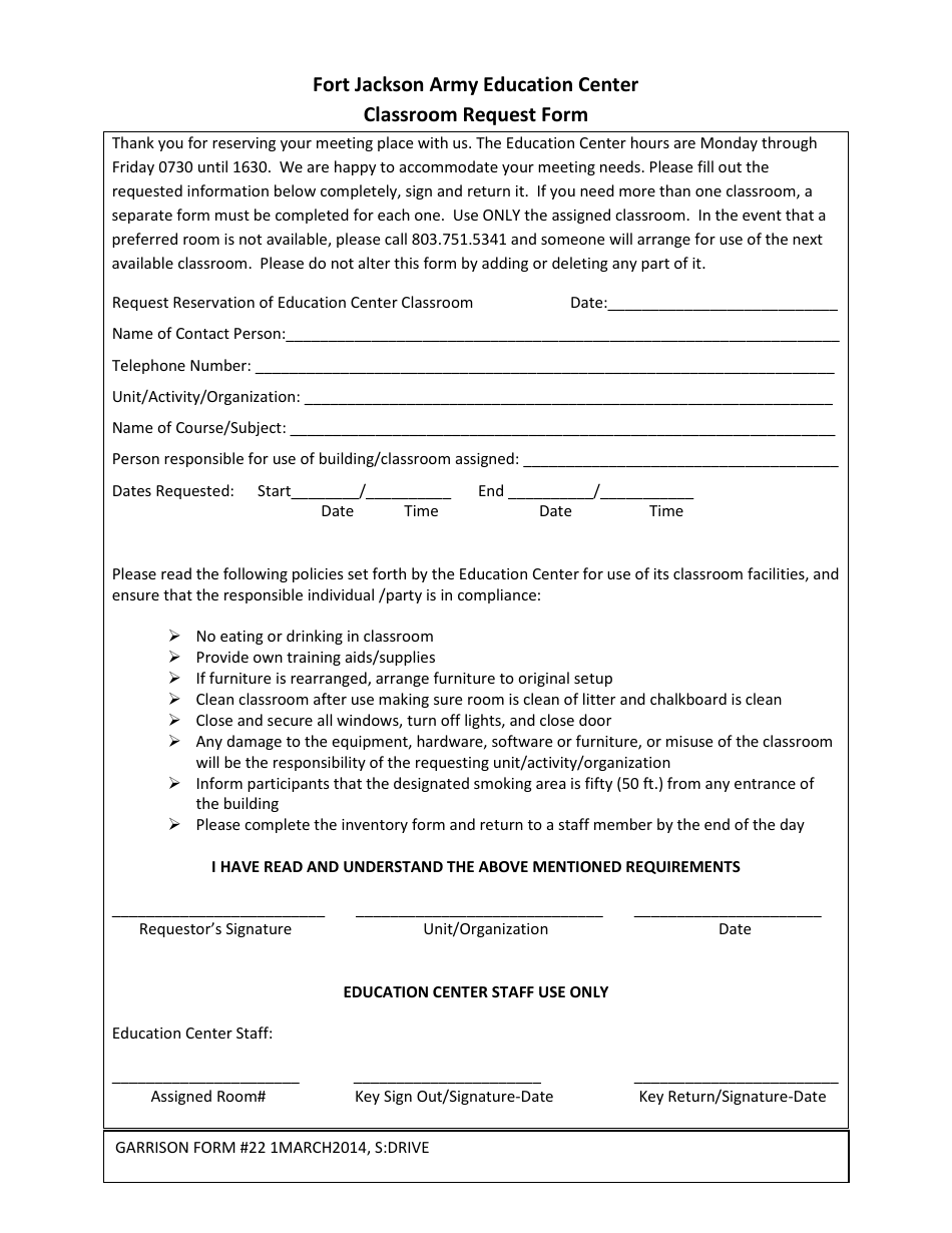 DA Form 22 Classroom Request Form - Fort Jackson Army Education Center, Page 1