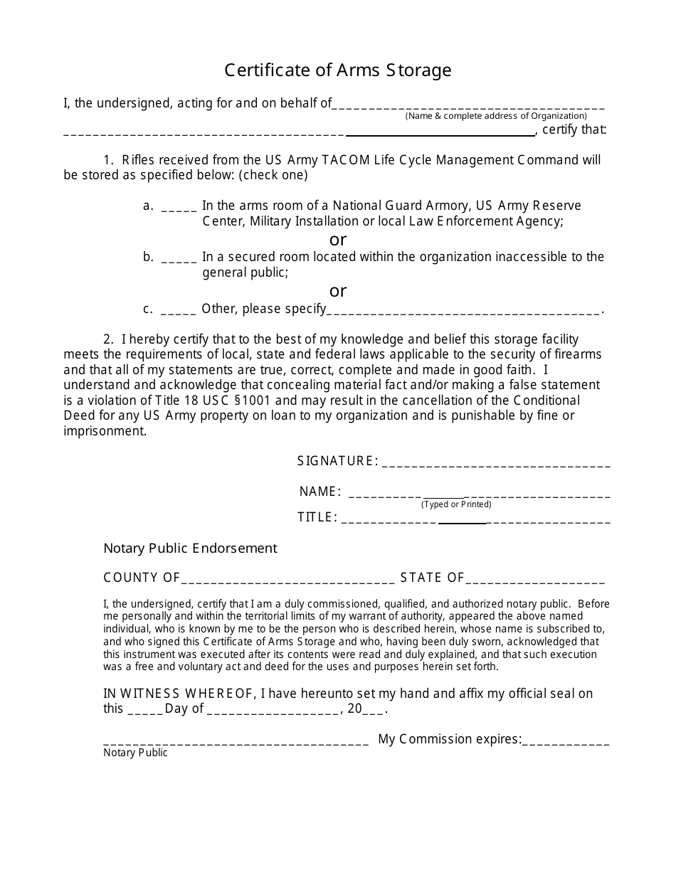 Certificate of Arms Storage Download Printable PDF Templateroller