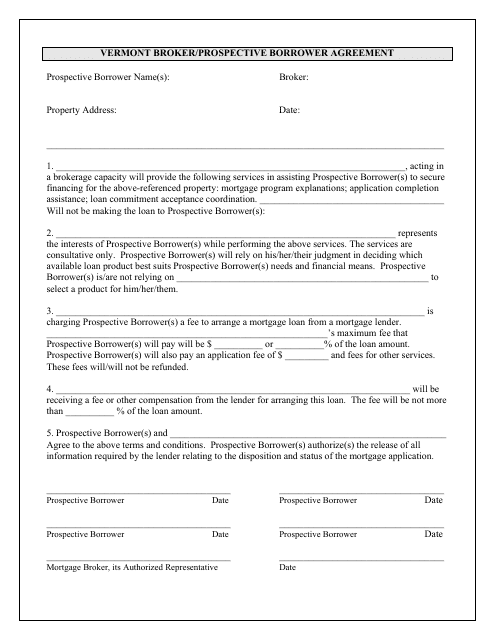 Broker/Prospective Borrower Agreement Form - Vermont