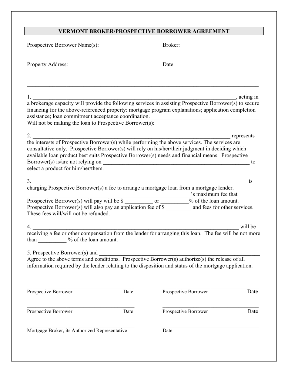 Broker / Prospective Borrower Agreement Form - Vermont, Page 1