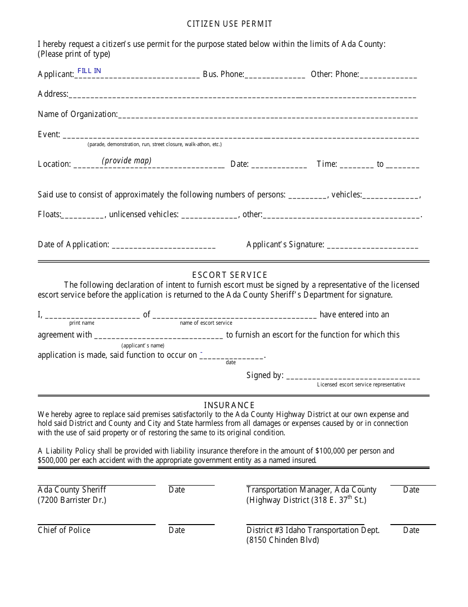 Citizen Use Permit Form - Ada County, Idaho, Page 1