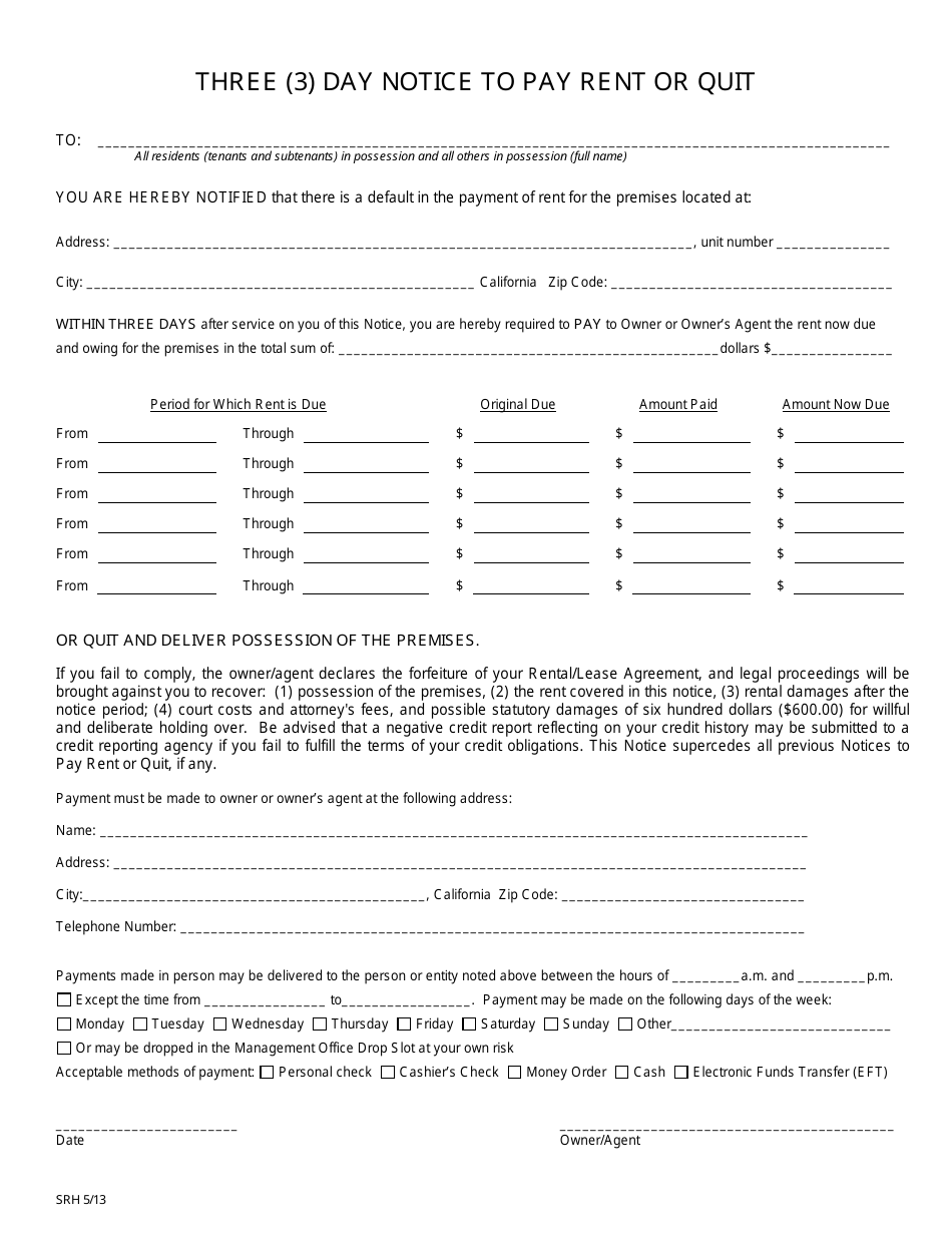 California Three (3) Day Notice to Pay Rent or Quit - Fill Out, Sign ...