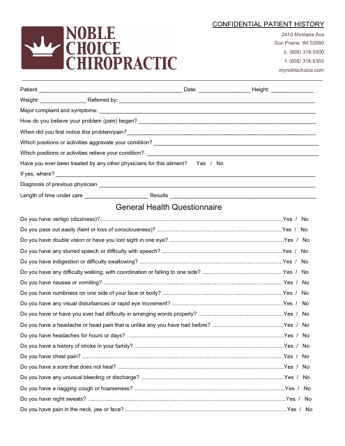 Confidential Patient History Template - Noble Choice Chiropractic