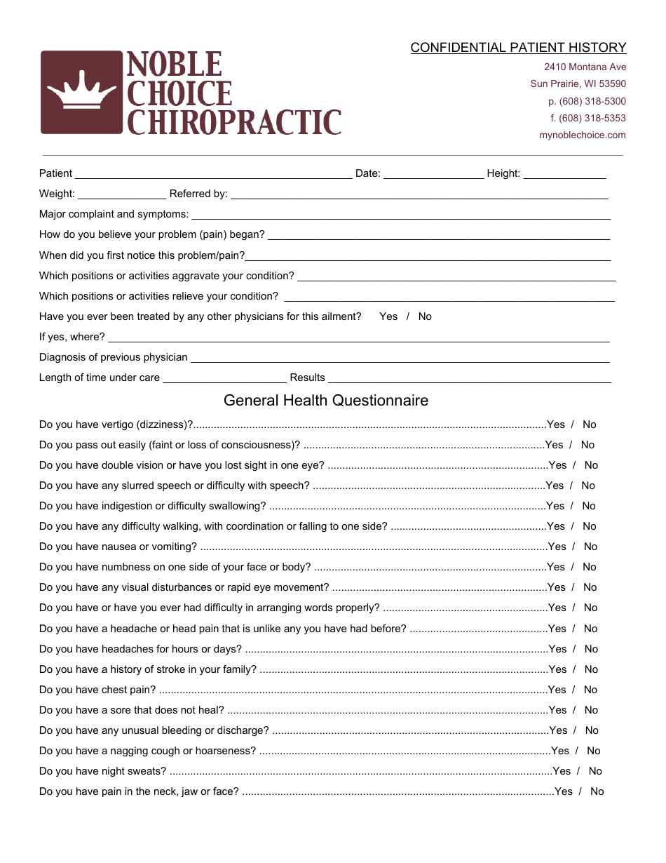 Confidential patient history document for Noble Choice Chiropractic