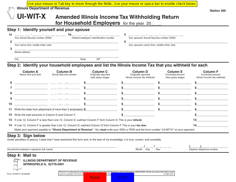 Form UI-WIT-X Amended Illinois Income Tax Withholding Return for Household Employers - Illinois
