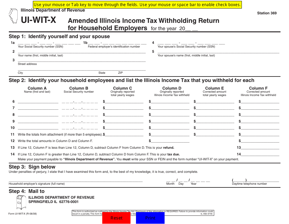 Form UI-WIT-X Amended Illinois Income Tax Withholding Return for Household Employers - Illinois, Page 1