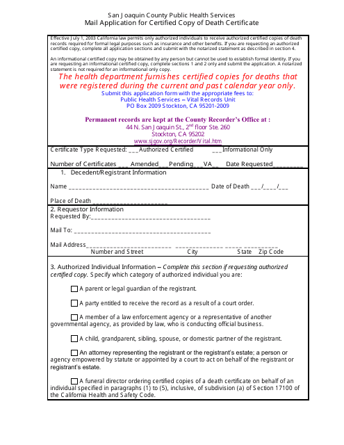 Mail Application for Certified Copy of Death Certificate - San Joaquin County, California