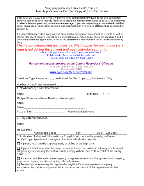 Mail Application for Certified Copy of Birth Certificate - San Joaquin County, California Download Pdf