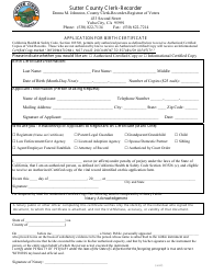 Application for Birth Certificate - Sutter County, California