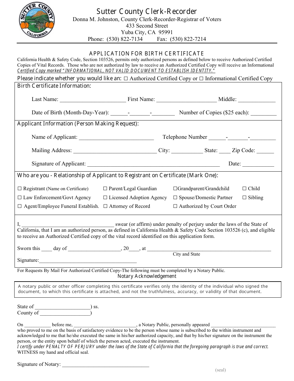 Application for Birth Certificate - Sutter County, California, Page 1