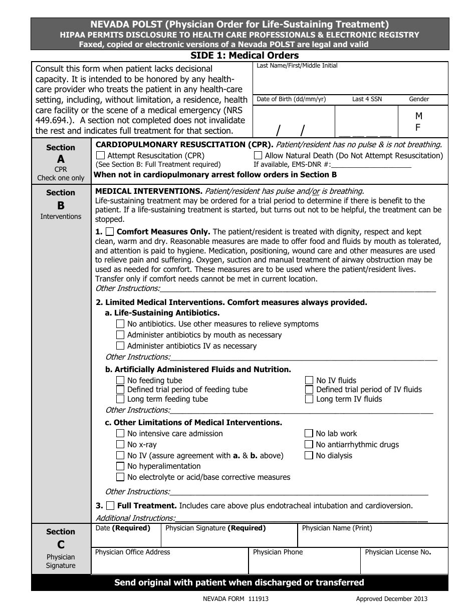Form 111913 Nevada Polst (Physician Order for Life-Sustaining Treatment) - Nevada, Page 1