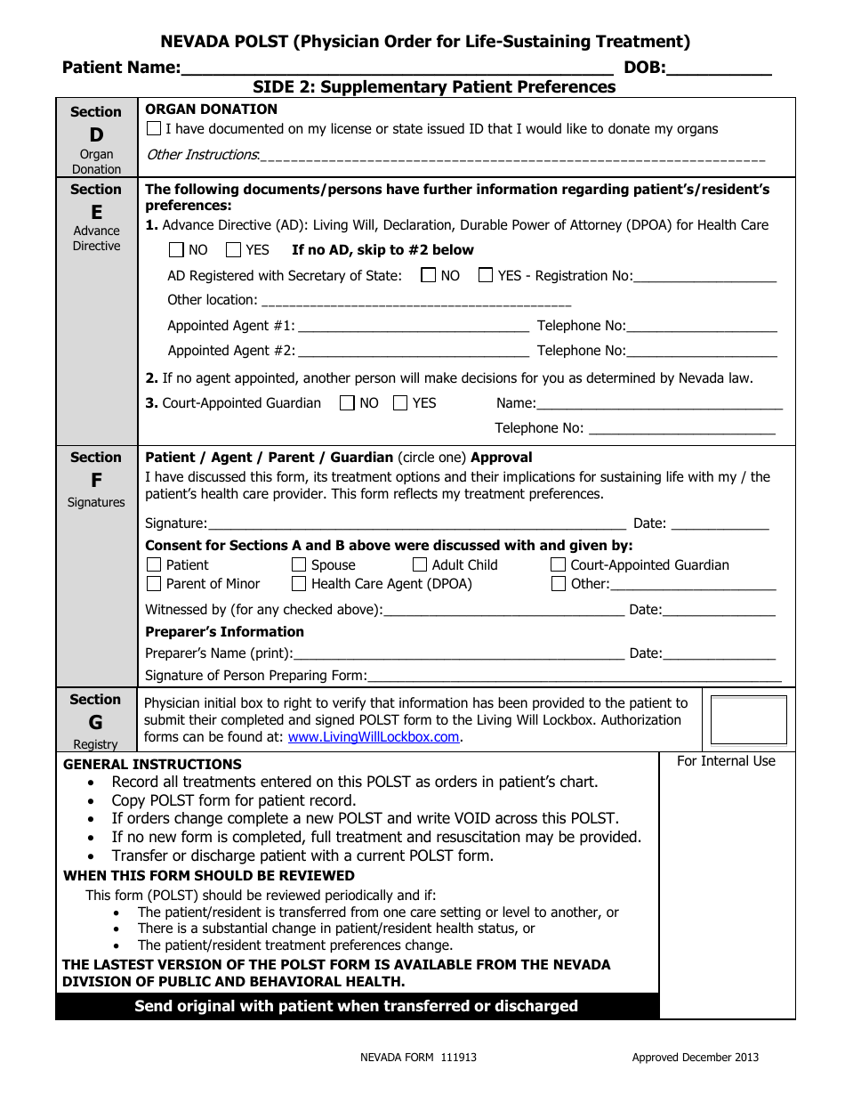 Form 111913 Nevada Polst (Physician Order for Life-Sustaining Treatment) - Nevada, Page 2