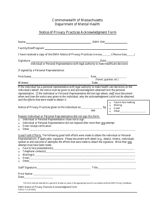 Form HIPAA-F-2 Notice of Privacy Practices Acknowledgment Form - Massachusetts