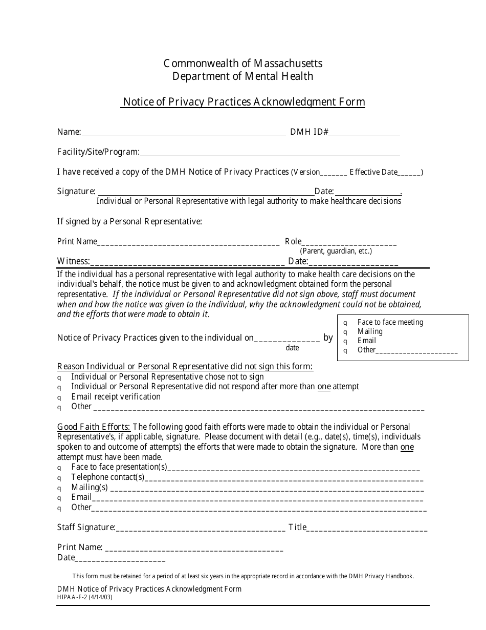 Form HIPAA-F-2 Notice of Privacy Practices Acknowledgment Form - Massachusetts, Page 1