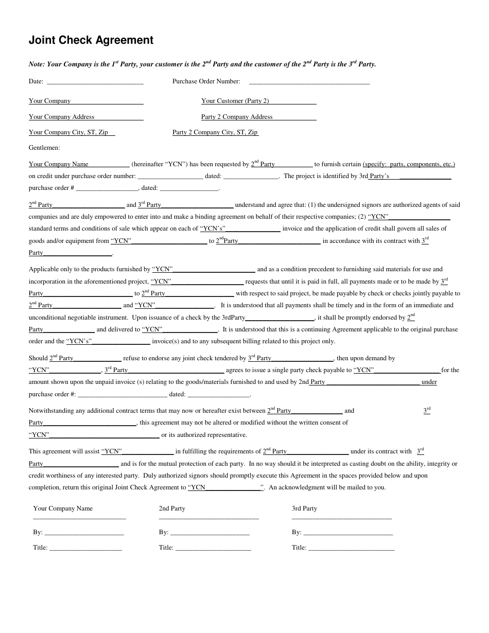 Joint Check Agreement Template, Page 1