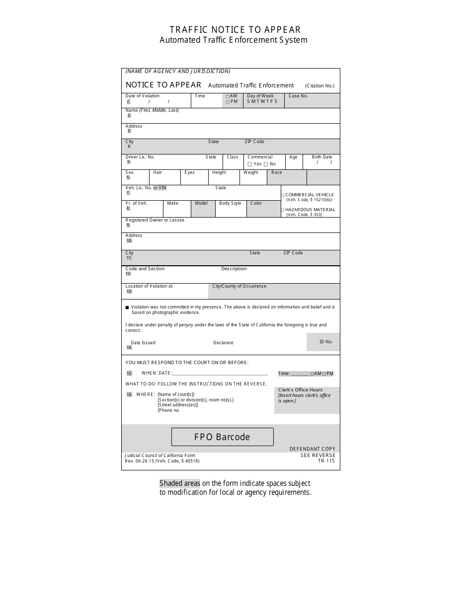 Form TR-115 Automated Traffic Enforcement System Notice to Appear - California, Page 1