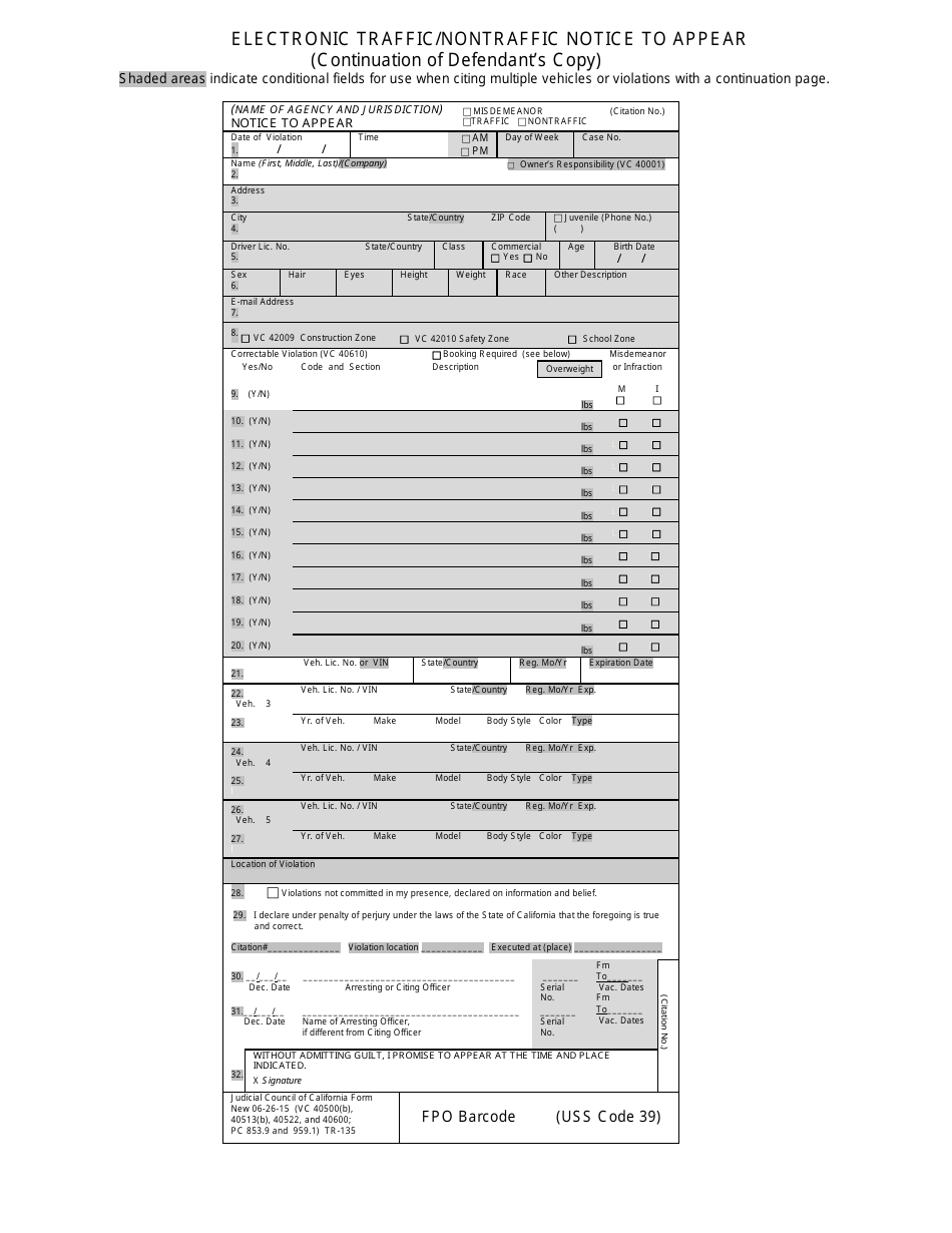 Form TR-135 Electronic Traffic / Nontraffic Notice to Appear - California, Page 2