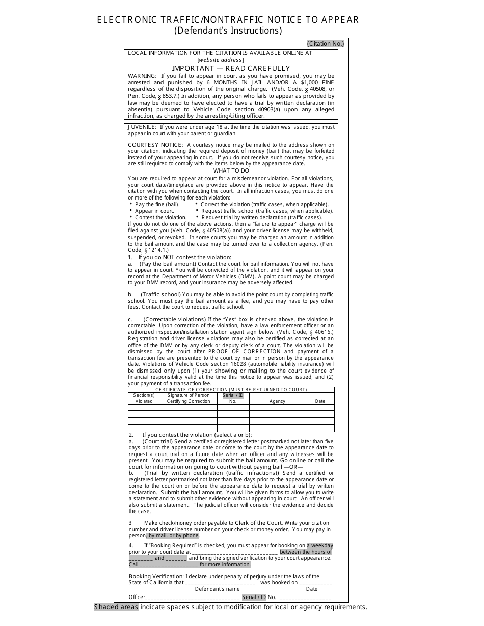 Form TR-135 Electronic Traffic / Nontraffic Notice to Appear - California, Page 3