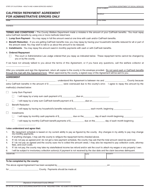 Form CF377.7e1 CalFresh Repayment Agreement for Administrative Errors Only - California
