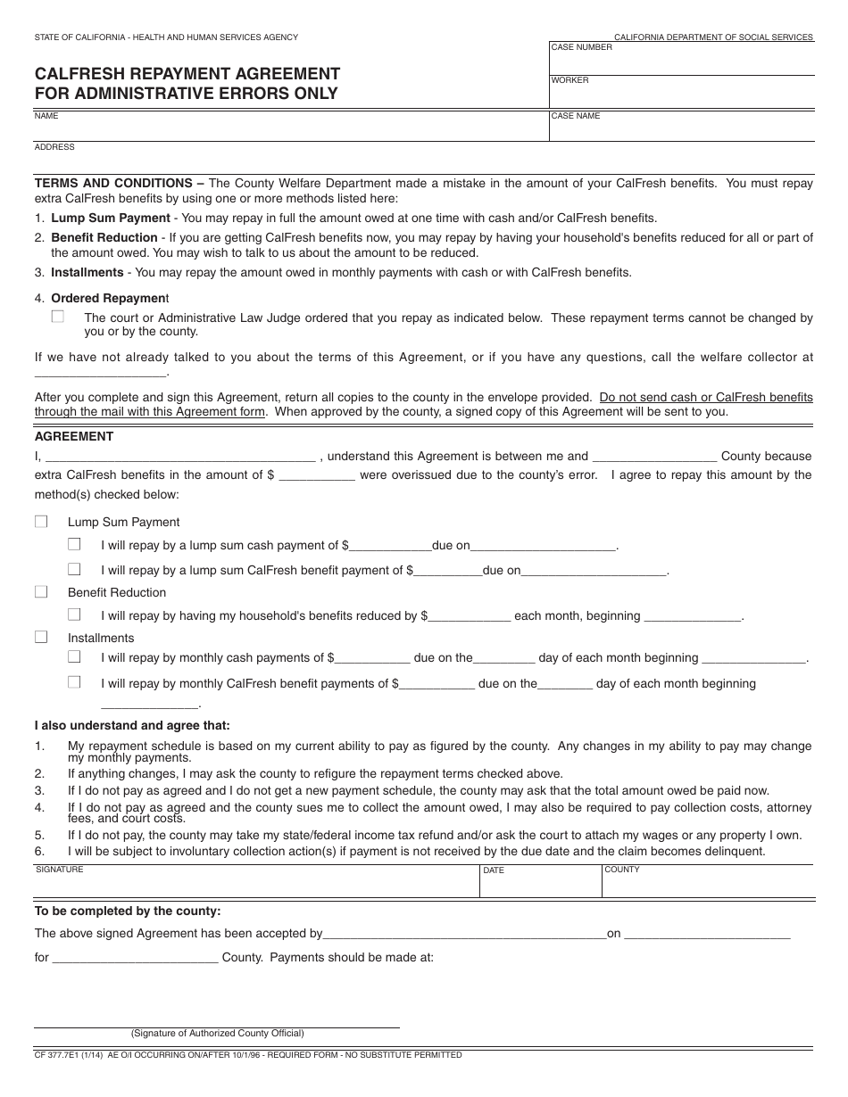 Form CF377.7e1 CalFresh Repayment Agreement for Administrative Errors Only - California, Page 1