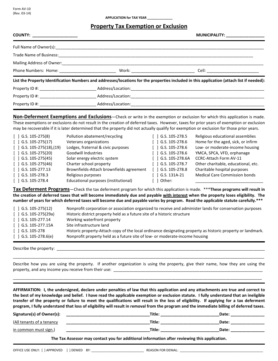 Form AV-10 Application for Property Tax Exemption - North Carolina, Page 1