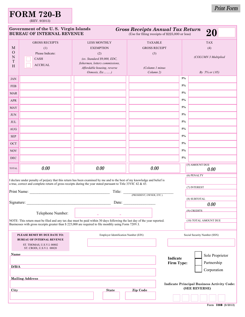 Form 720-b Gross Receipts Annual Tax Return - Virgin Islands, Page 1