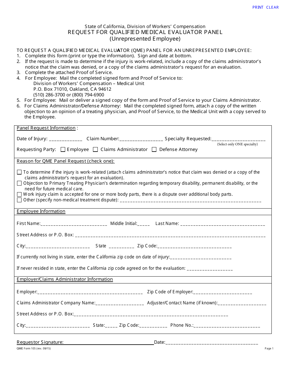 Form 105 Request for Qualified Medical Evaluator Panel - California, Page 1