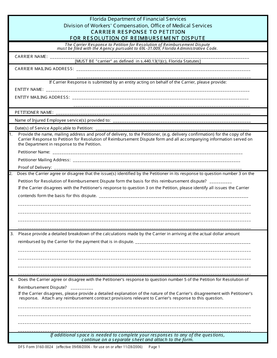 DFS Form 3160-0024 Carrier Response to Petition for Resolution of Reimbursement Dispute - Florida, Page 1